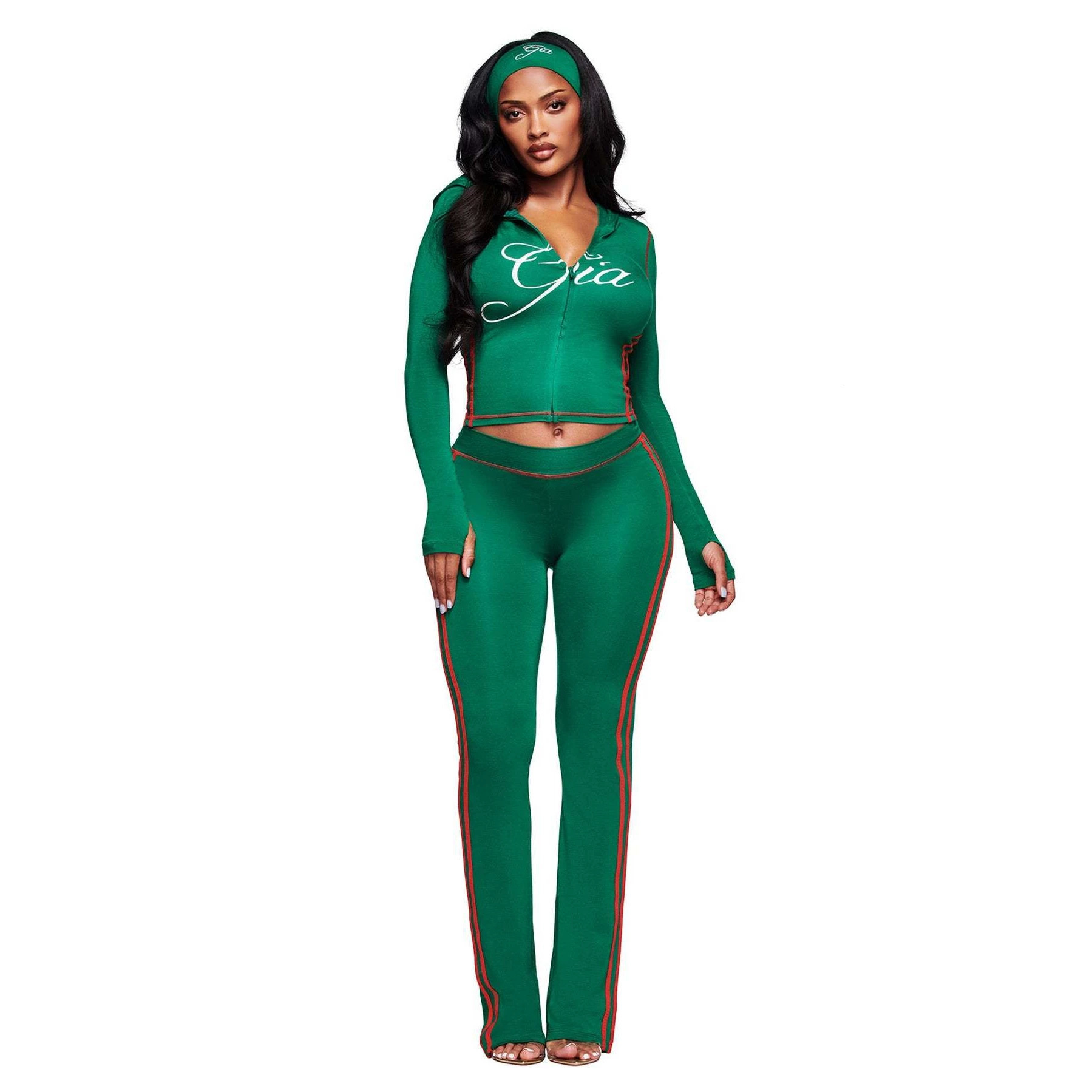New European American Fashion Casual Letter-Print Zip-Up Slim-Fit Jacket And Hip-Hugging Long Pants Women's Outfit - view 3