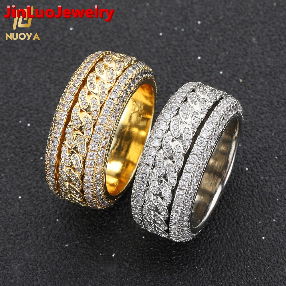 NUOYA Iced Out Bling Moissanite Spinner Cuban Ring Hip Hop Gold Plated Diamond Ring Women