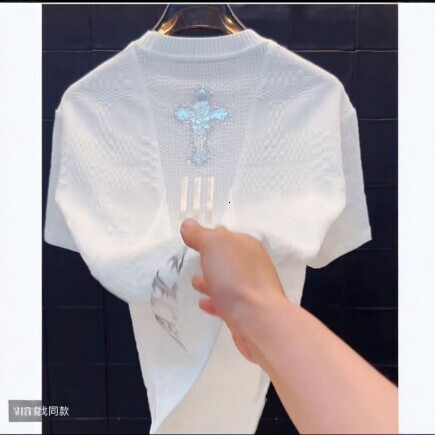 2026 Summer New Men's Hollow Knit Short Sleeve T-Shirt With Luxurious Sequin Cross Design, Fashionable And Versatile Men Round-Neck Pullover - view 3