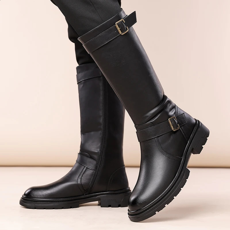 British Men Black Leather Knee High Boots ner Motorcycle Boots Casual Work Boots Outdoor Fashion Street Shoes Zapatos 260625 - view 4