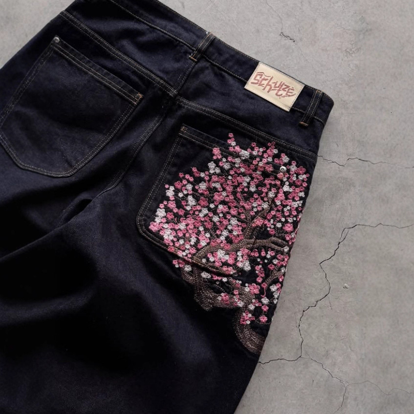 Derschutze Retro Plum Blossom Embroidery Straight Pants Unisex Versatile Personality Street Fashion Jeans Embroidered Jeans Straight Leg Pants - view 4