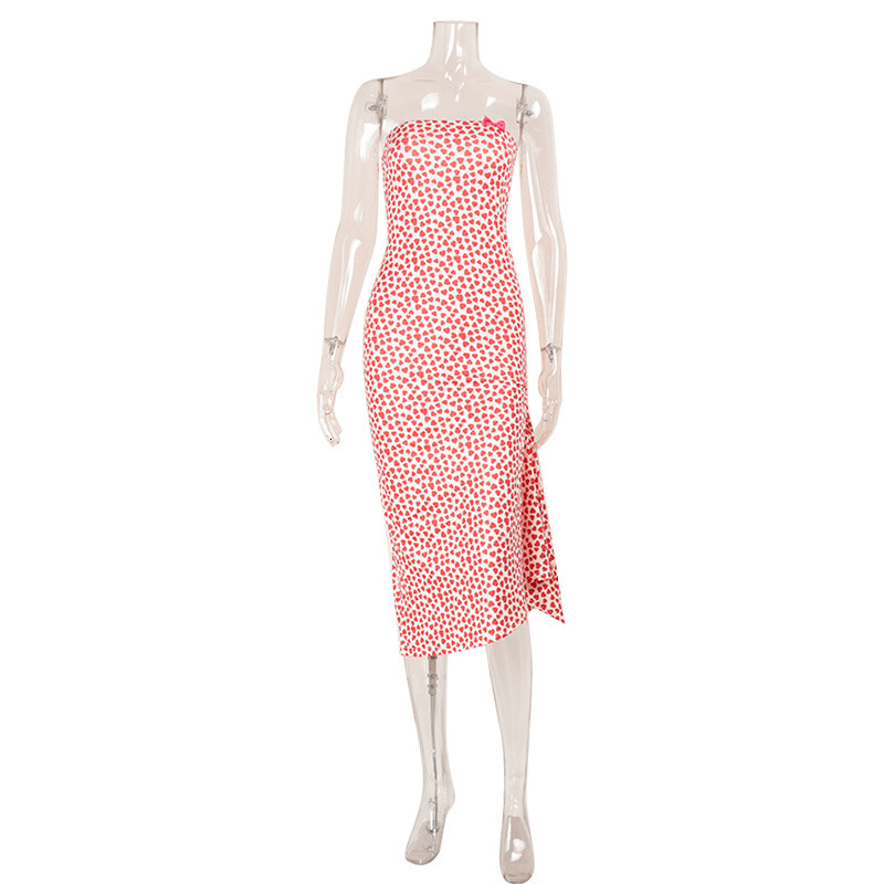 Womens Versatile Mini Dress Womens Retro Strapless Thin Strap Heart Print Slit Slim Fit Casual Short Gown For Women Daily Date Beach Nightclub Outfits - view 6