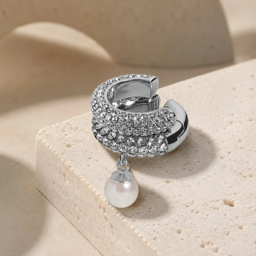 SilverPlated Zircon Pearl Round Ear Cuff No Piercing Accessories Elegant Double Layer Stainless Steel Clip Earrings for Women 260623 - view 4