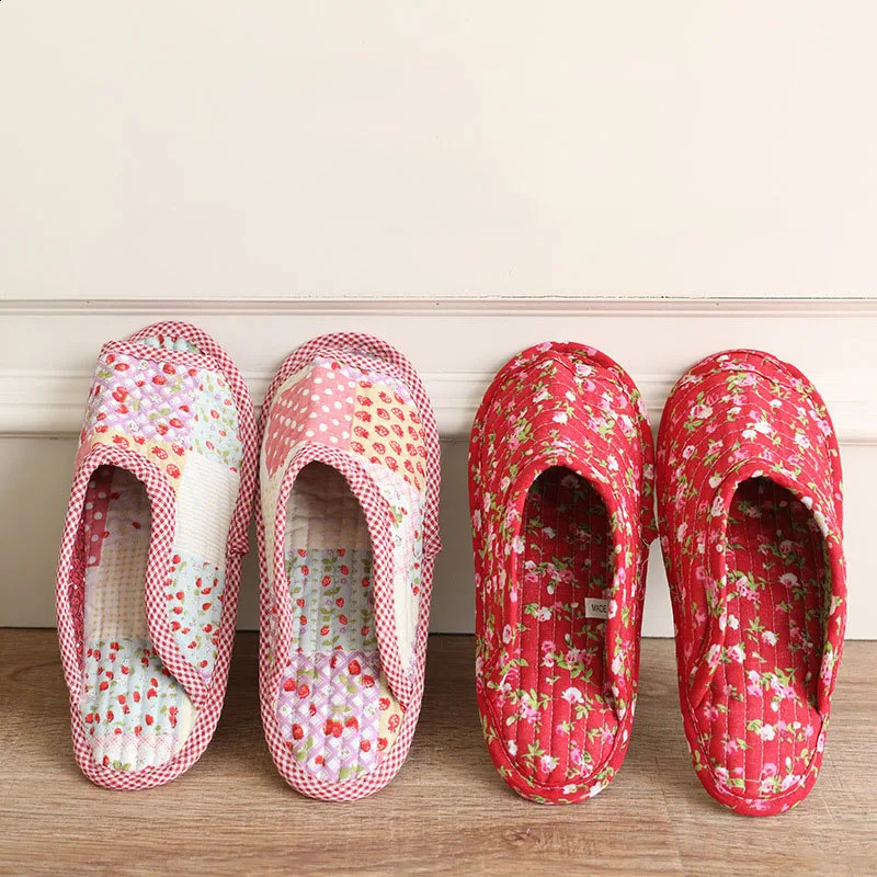 25cm Vintage Floral Home Shoes Slippers Women Cotton Fabric House Slipper Sewing Comfy Flat Shoes Indoor Soft Travel 260624 - view 3