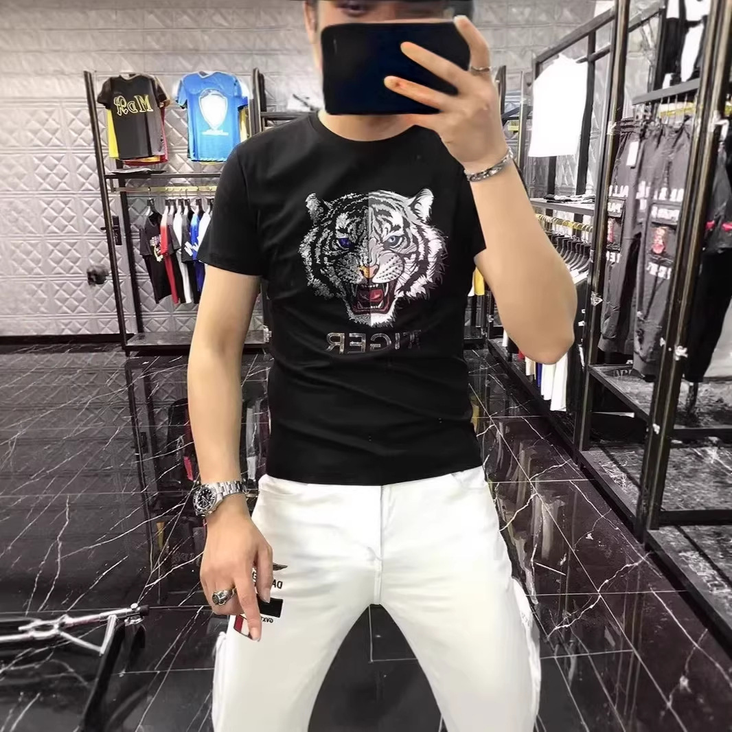 Summer High-End Men's Short-Sleeve T-Shirt New Tiger Head Design Light Luxury Rhinestone Trendy Versatile Fashion - view 5