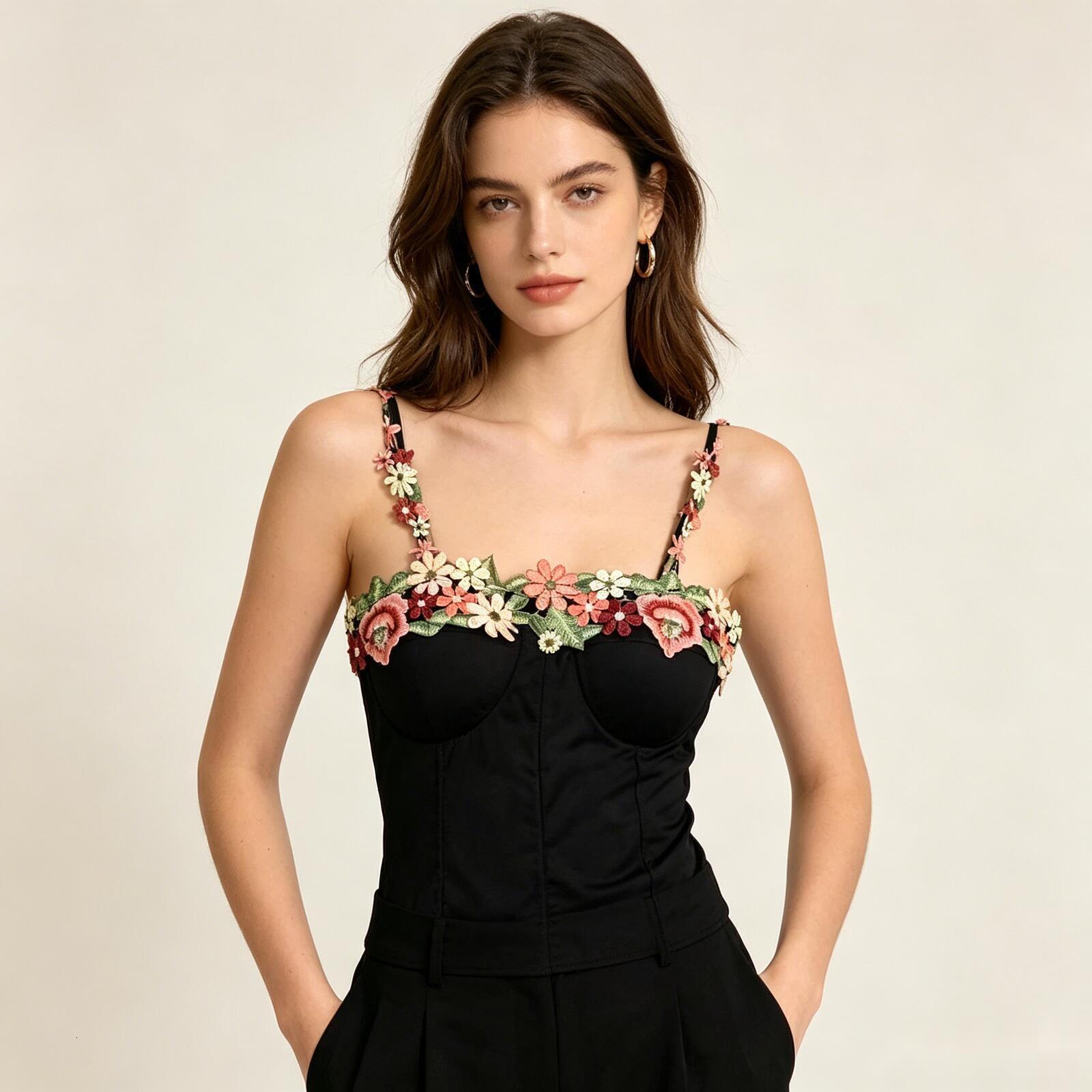 Womens Thin Camisole Vest Womens Floral Embroidery Built In Chest Pad Short Strap Unique Layer Top For Women Daily Gym Loungewear Daily Outfits - view 3
