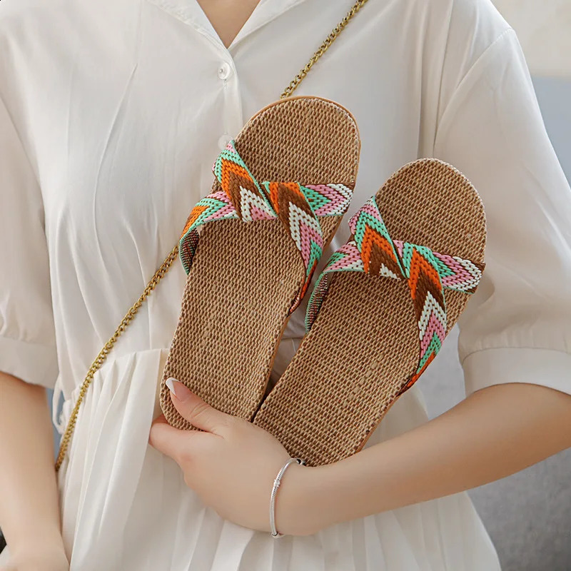 2026 Summer Women Linen Slippers Non-Slip Breathable Flat Shoes Couple Open-Toe Home Sandals Indoor House Slides for All Seasons 260624 - view 6
