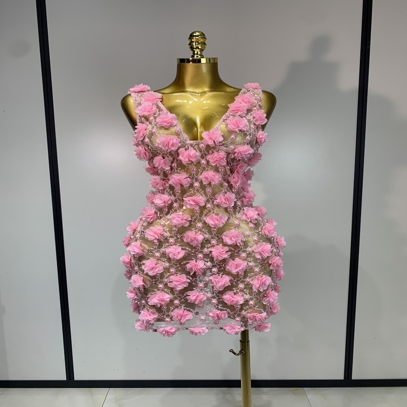 Women y Pink Flowers Pearls Lace See Through Bodycon Mini Dress Birthday Poshoot Evening Party Nightclub Stage Costume 260625