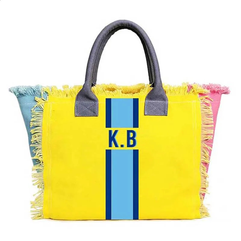 Customizable Personalized Striped Letter Canvas Beach Bag with Fringe Beach fashion Tote for Women handbag 260626 - view 4