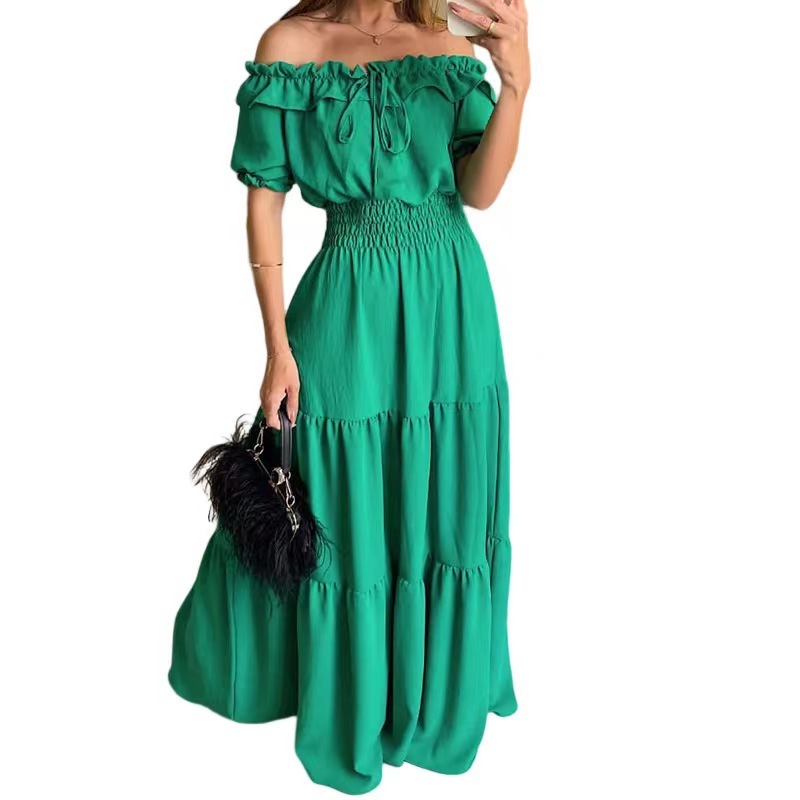 2026 New Fashion Solid Color Lotus Lace-Up Ruffle Trim Strapless Puff Sleeve Flared Dress - view 9