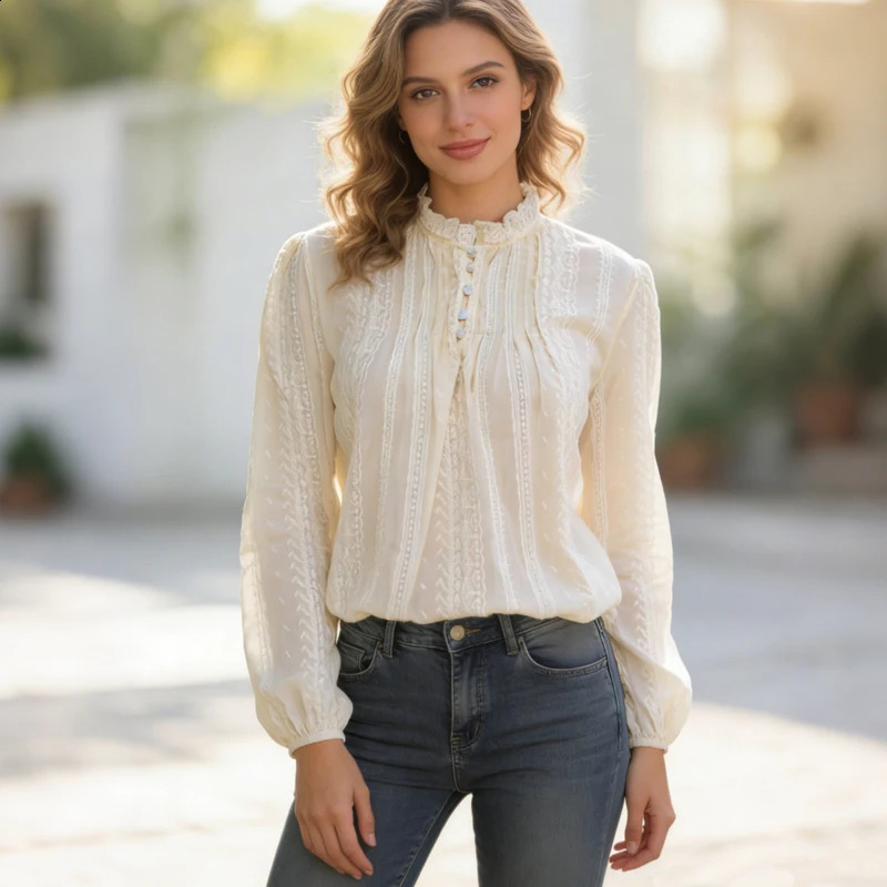 Spring Summer Vintage Lace Embroidered Blouse for Women Stand Collar Puff Long Sleeve Thin Shirt Elegant Victorian Style Top 260626 - view 4