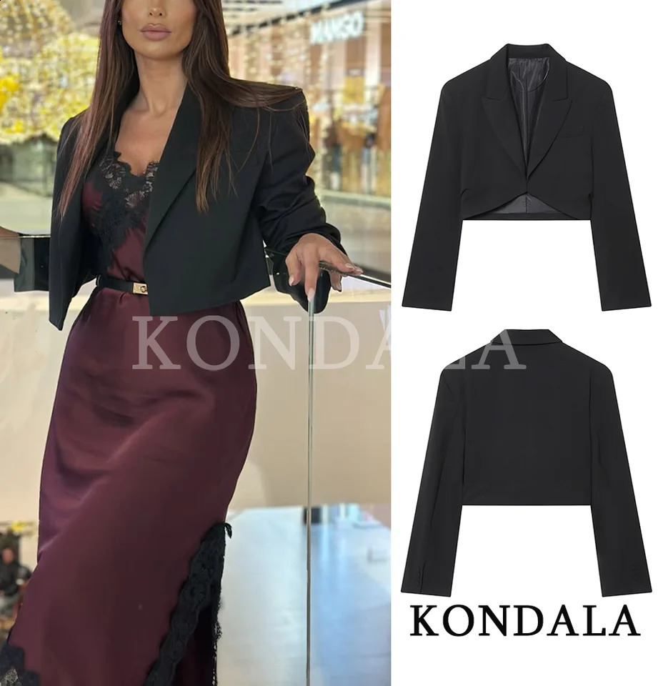 KONDALA Elegant Commute Short Blazer Women Dinner Chic Black Lapel Suit 2026 Spring Trendy High Street Office Lady 260625