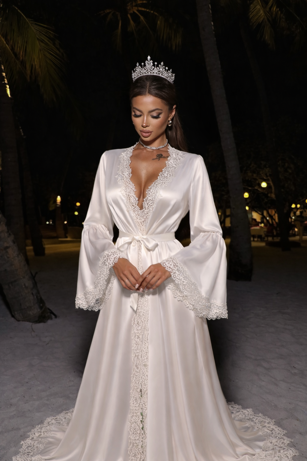 Graceful Silk Robe Dress Lace Bath Gown Long Sleeves Pregnant Wedding Anniversary Bride Sleepwear Nightwear Custom Made - view 4