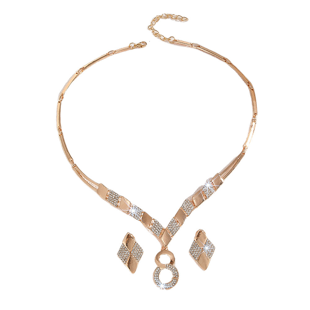 Gold Plated Geometric Square Rhinestone Jewelry Set Double Circle Figure 8 Pendant Bib Necklace Drop Earrings Women Evening Party Statement Costume Ac - view 6