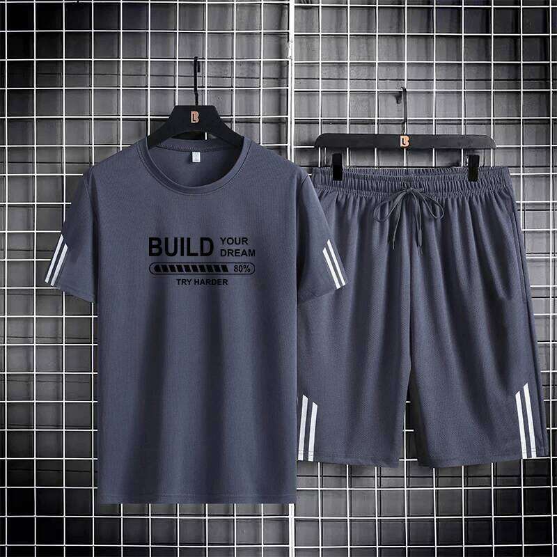 Ice Silk Quick Drying Sports Couple Three Bars Summer Thin Breathable Trendy Printed Short Sleeve Shorts Set of Two 26Y0626 - view 3