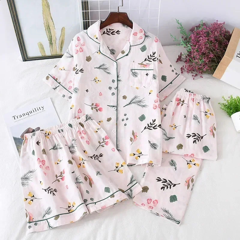Threepiece Japanesestyle pajama spring and summer autumn 100 cotton gauze shortsleeved shorts trousers suit ho 260625