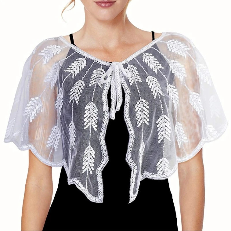 Retro 1920s Beaded Sequin Shawl Vintage Flapper Evening Cape Sheer Mesh Embroidery Leaf Women Bolero Party Accessories 260625 - view 4
