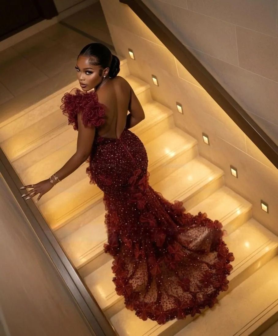Glitter One Shoulder Sequined Mermaid Prom Dresses Backless 3D Floral Appliques Burgundy Long Reception Dress Pageant Evening Gowns - view 3