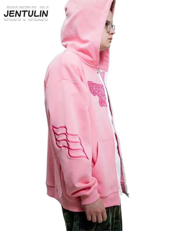 Y2K Retro zip up Hoodie Men Embroidery Pink Zipper Sweatshirt Cartoon Hiphop Streetwear Oversize Korean Graphic Jacket Goth W260626 - view 5