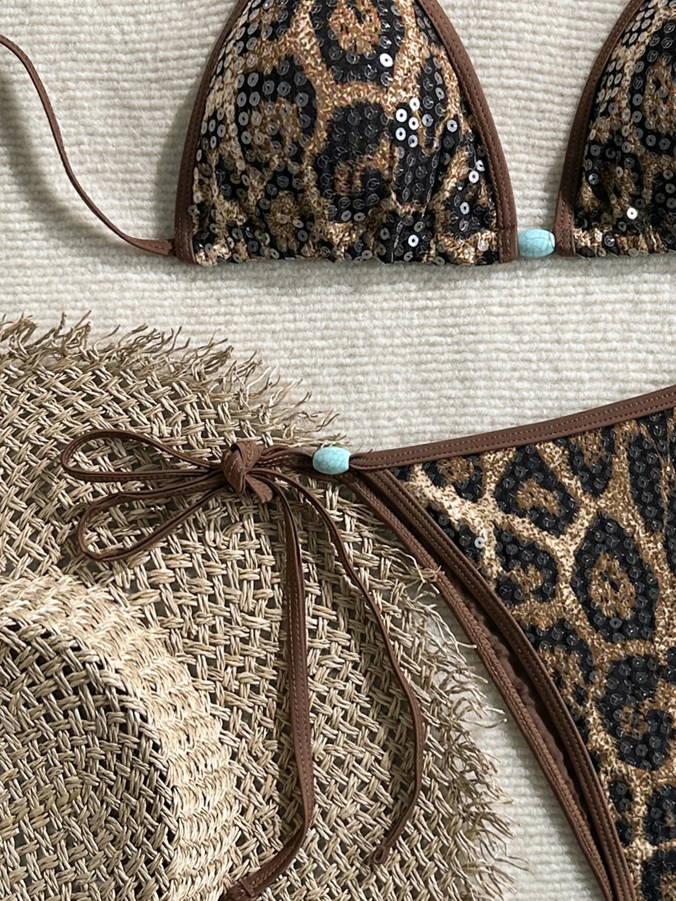 Sequin Brown Leopard Print Bikini Set 2026 Women Sexy Beaded String Push Up Bra Triangle Swimsuit Holiday Bathing Suit Swimwear 260622 - view 5