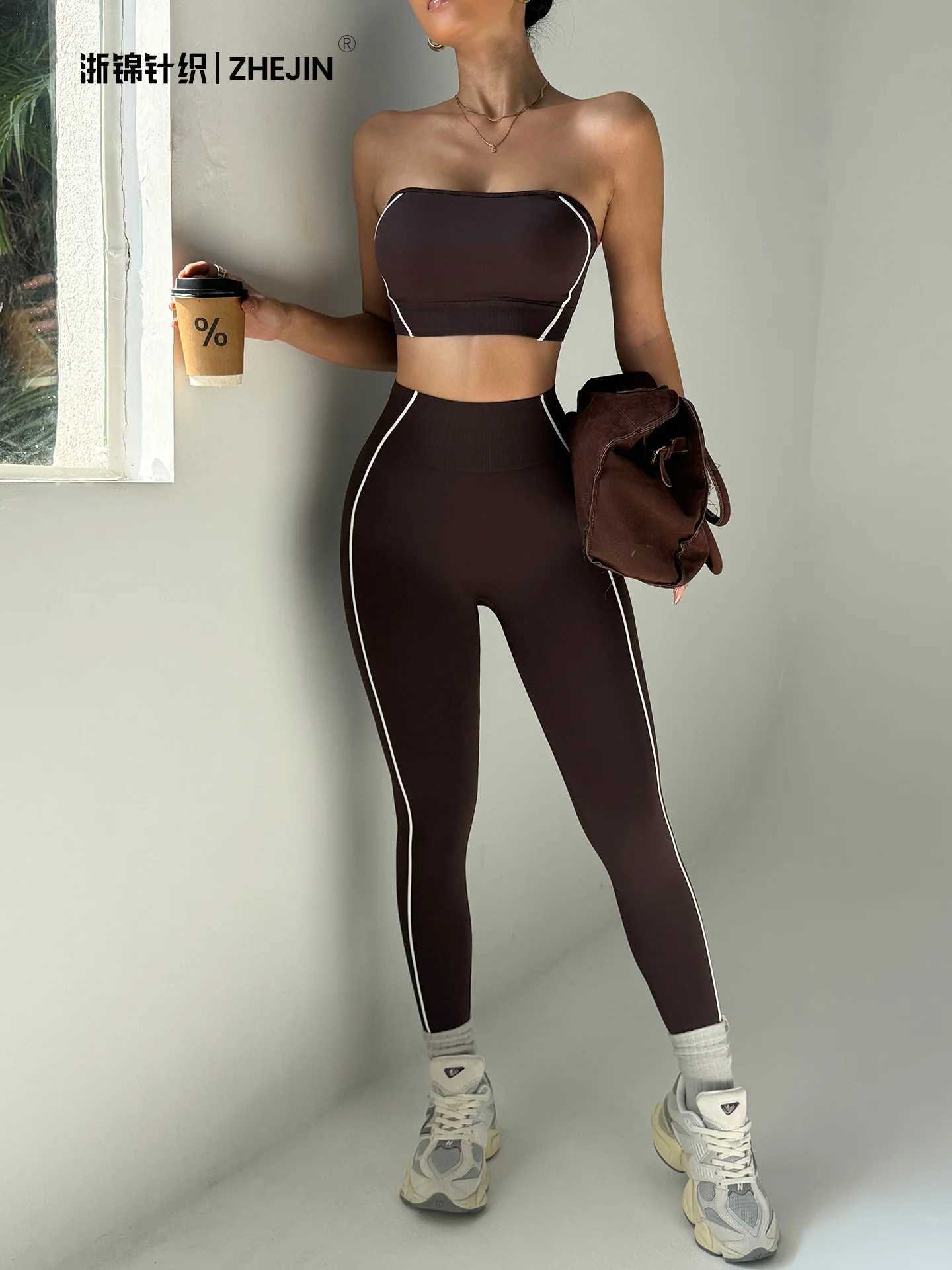 2 Set Women Seamless Yoga Piece Gym Set Contrast Trim Strapless Tube Top High Waist Leggings Workout Suit Fitness Activewear M260626 - view 4