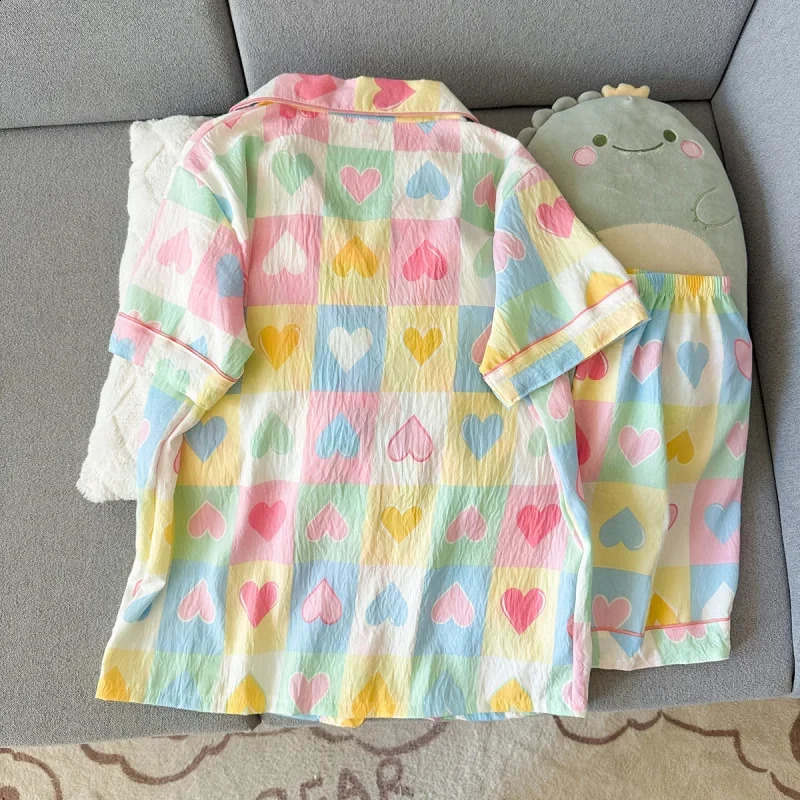 Women Summer Lapel Open Front Pajama Set Short Sleeve Top Shorts Sweet Ins Teen Loungewear Casual Daily Outdoor Home Wear Suit 260625 - view 3