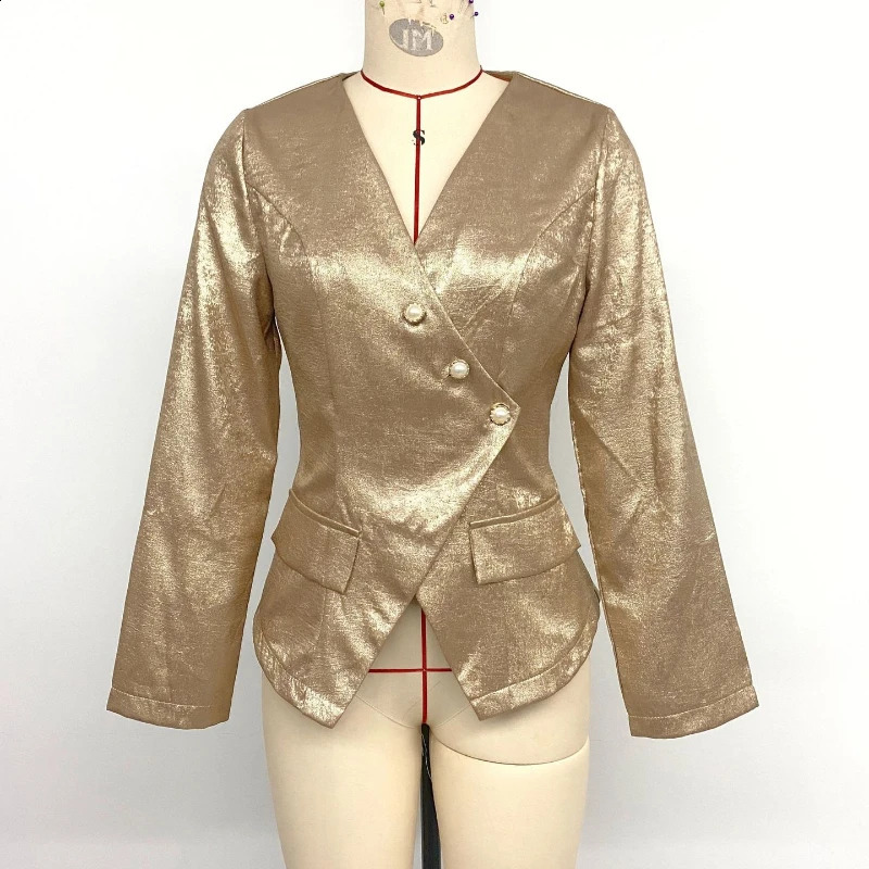 Womens Gold Wrap Blazer V Neck Pearl Button Long Sleeve Elegant Party Jacket 2026 260625 - view 7