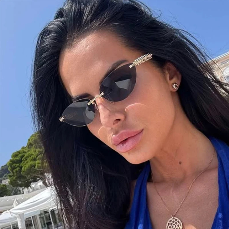 Unique Rimless Brown Sunglasses Women 2025 Metal Frameless Cat Eye Glasses Woman Small Frame High-end y Eyewear 260626