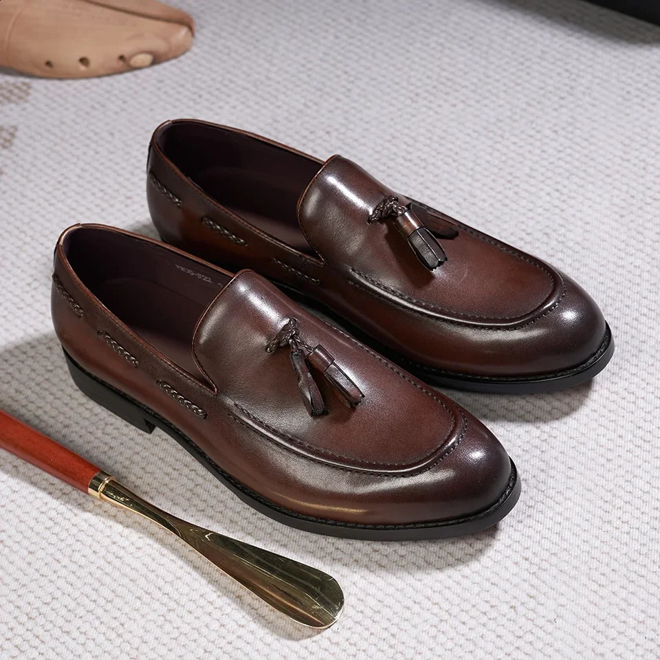 Classic Mens Genuine Leather Tassel Loafers Handmade SlipOn Casual Shoes Comfortable for Office Wedding Dressing Daily Wear 260624