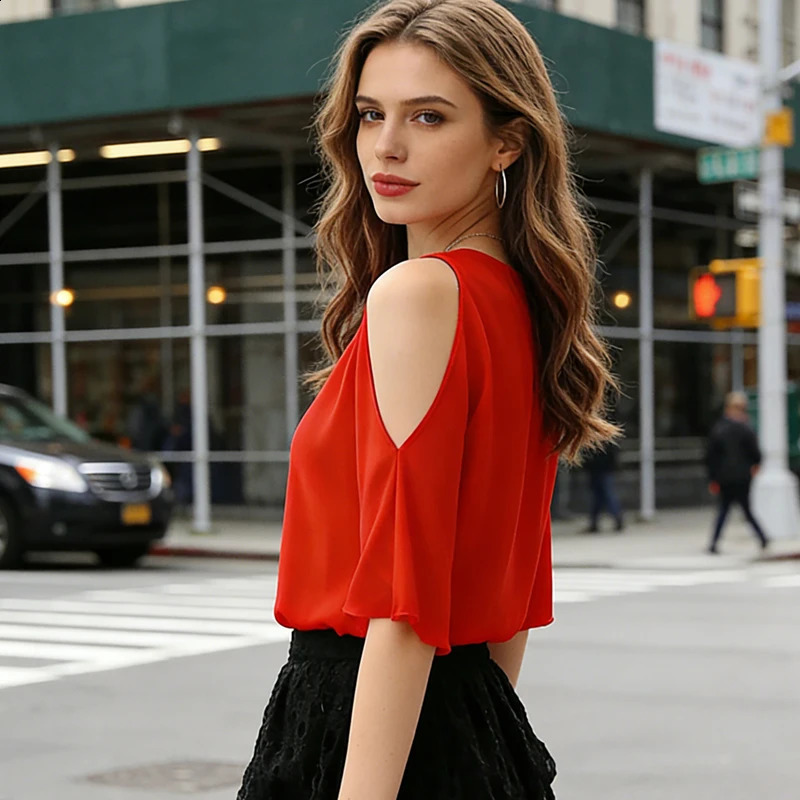 Off Shoulder Short Sleeve Summer Blouse Womens Solid Red V Neck Shirt Casual Loose Top Elegant Office Lady Simple 2026 Blouses 260626 - view 5