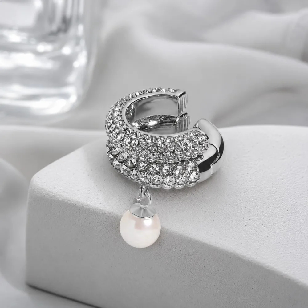 SilverPlated Zircon Pearl Round Ear Cuff No Piercing Accessories Elegant Double Layer Stainless Steel Clip Earrings for Women 260623 - view 6