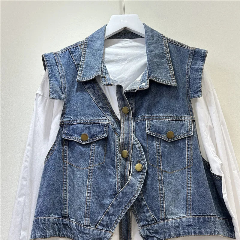 SuperAen Two-piece Denim Vest Patchwork Shirt Jacket for Women Spring and Autumn Loose and Retro Oversize Shirts 260626 - view 7
