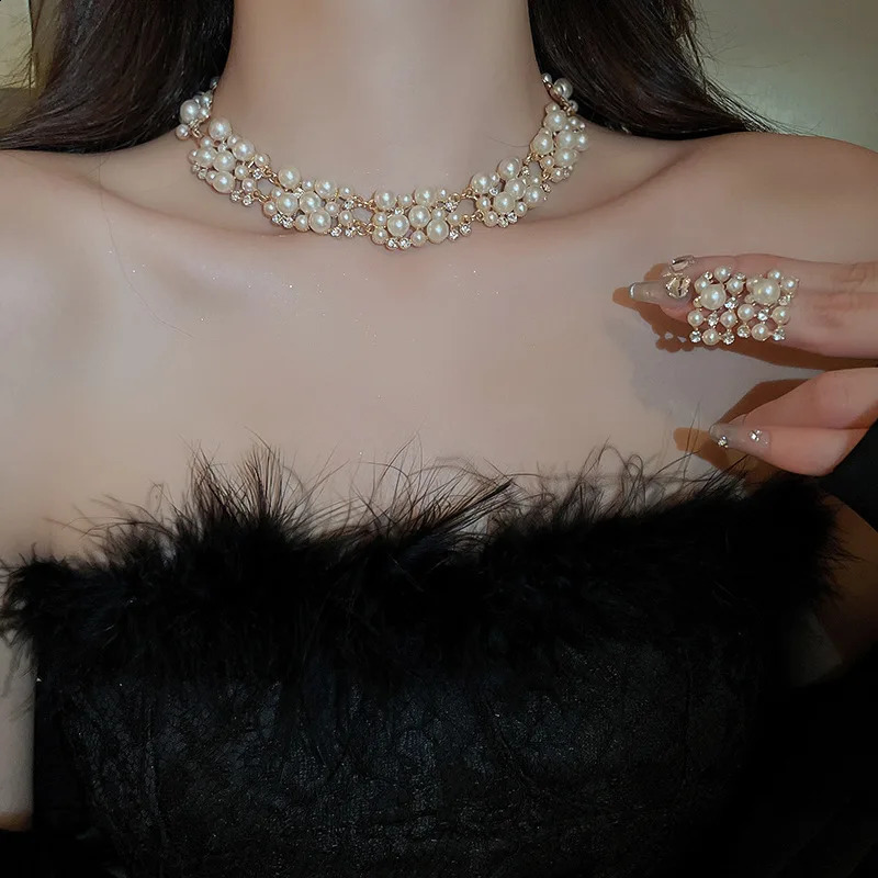 3 Pcs Rhinestone Pearl Rectangular Earrings Necklace Set Two-piece Vintage Choker Accessory Light Jewelry Sets Wedding 260626 - view 3