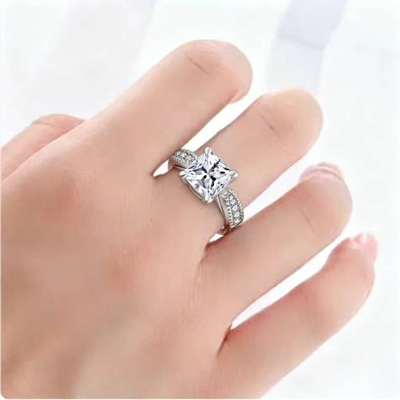 QX Classic Luxury Real Solid 925 Sterling Silver Black Rhodium Plated Flower Design Prong Set 10Ct Moissanite Wedding Ring - view 7