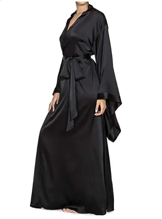 Solid Robes Women Black Red Long Sleeve Nightgown Ladies Girls Silk Satin Smooth Spring Lace Sleepwear Female Bathrobe260622 - view 5
