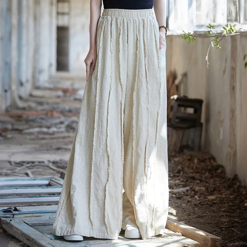 Johnature Women Vintage Cotton Linen Wide Leg Pants Elastic Waist Patchwork Pockets Spring Solid Color Long 260625