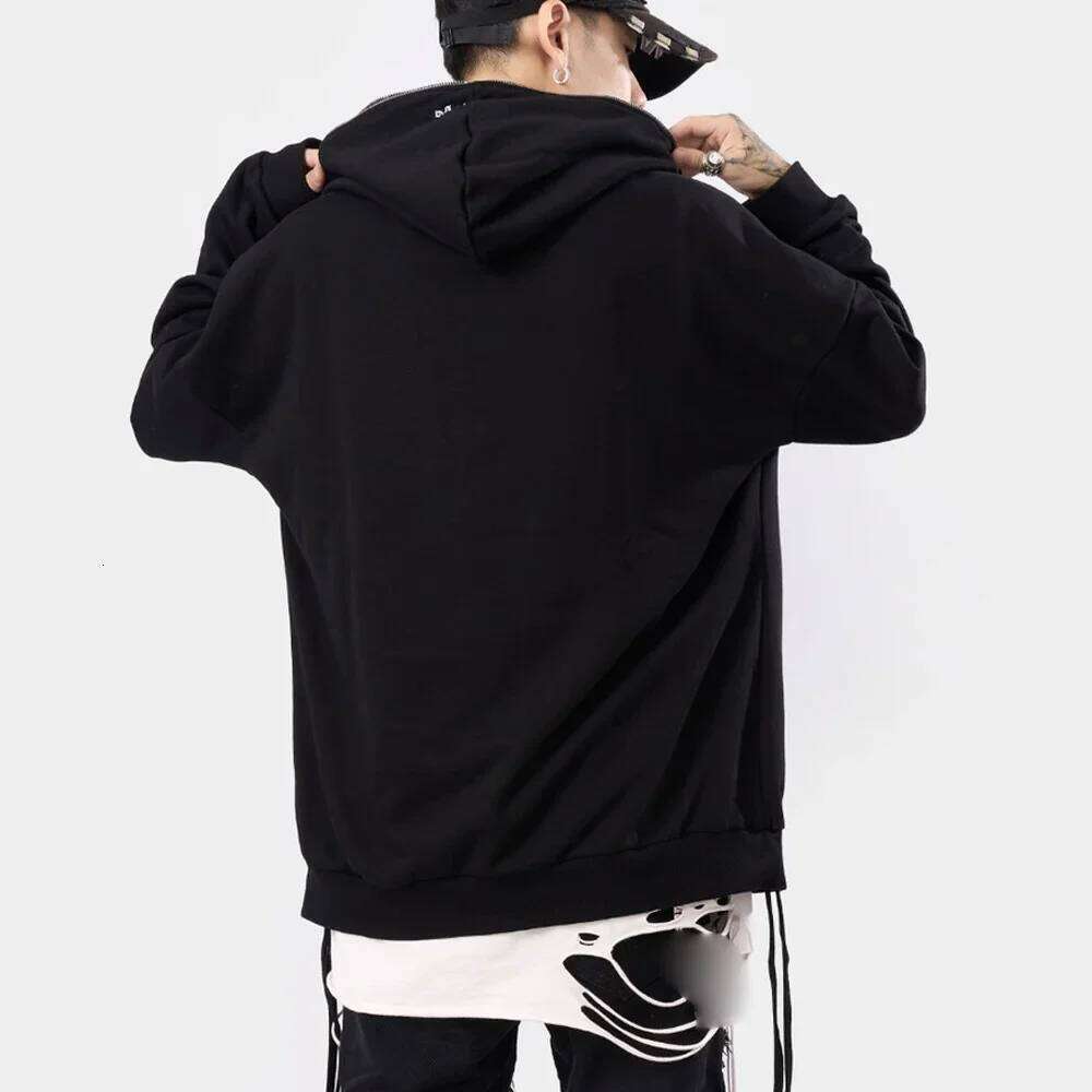 High Street Hoodie Men Retro Zip Long Sleeve Loose Black White Coats Harajuku Casual Gothic Hooded Sweatshirt Y2K Streetwear W260626 - view 4