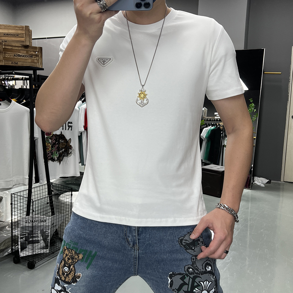 Summer New Style Men's Short-Sleeve T-Shirt With Triangular Logo, Round Neck, Slim Fit, Mercerized Cotton, Fashionable And Simple Half-Sleeve Tee