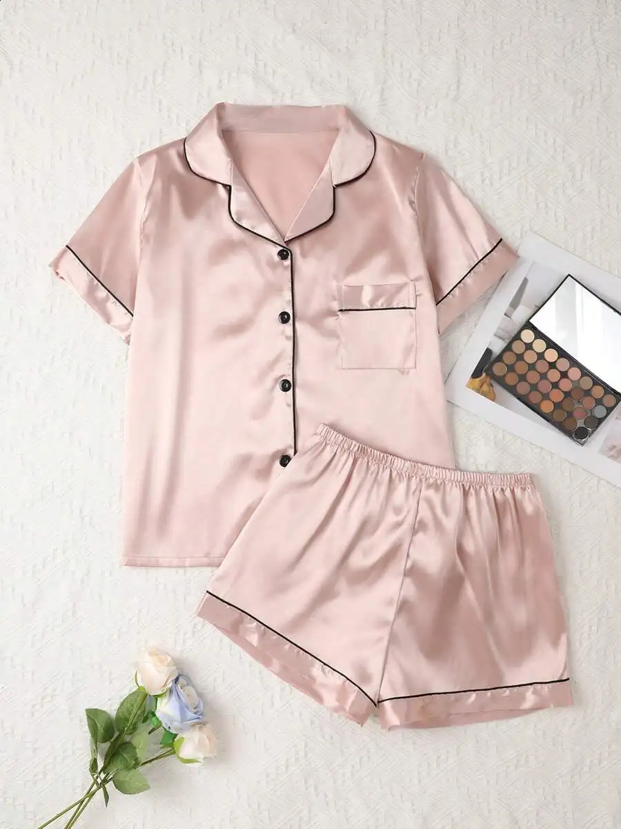 Elegant Women Champagne Solid Silk Pajama Set Short Sleeve Button Collar Top And Pants Soft Satin Sleepwear 260625 - view 7