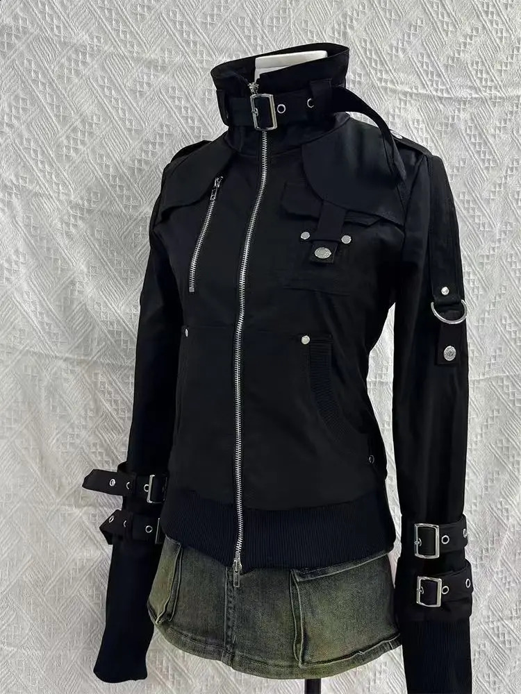Gothic Black Slim Double Zipper Hoodie Womens Y2K American Retro Fashion Slim Oversized Cuffs Casual Motorcycle Jacket 260626
