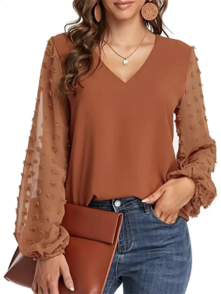 Women Spring Summer Style Blouses Shirts Lady Casual VNeck Long Lantern Sleeve Solid color Blouse Tops DF5016 260626 - view 3
