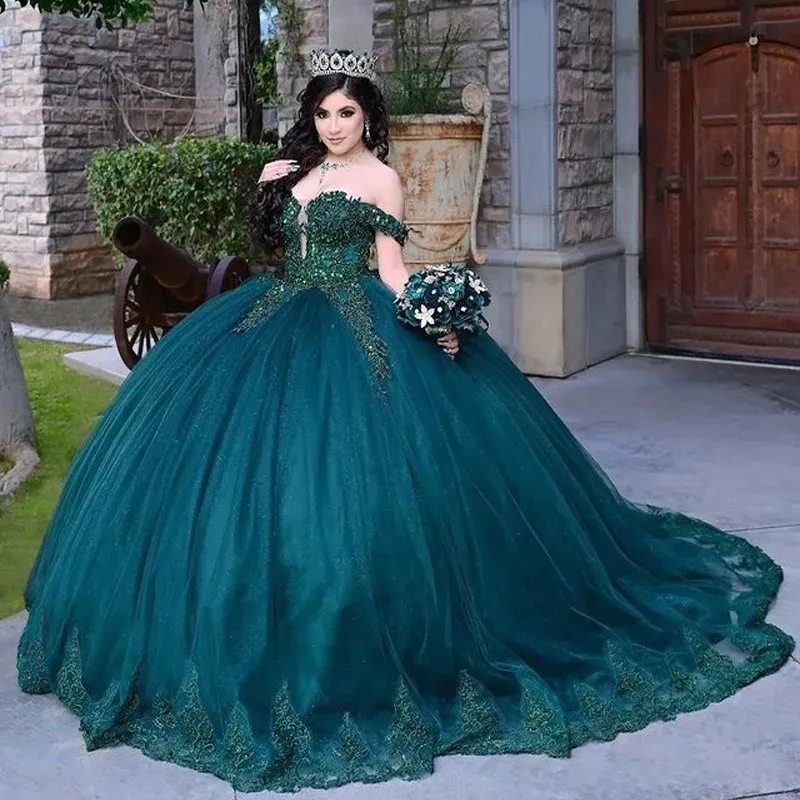 Dark green off-shoulder dress with heavy beading, sequin embroidery, and a long puffy train - Quinceanera vintage forest-style princess dress