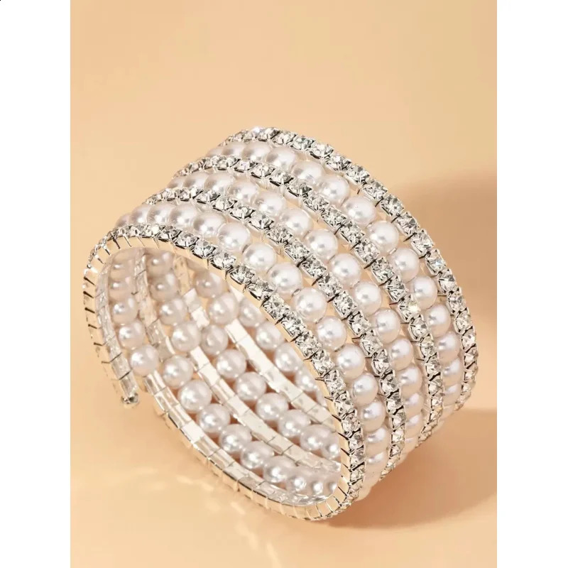 1pc Rhinestone Faux Pearl Decor Bangle Sparkling Luxe Cuff Bracelet for Women 260625