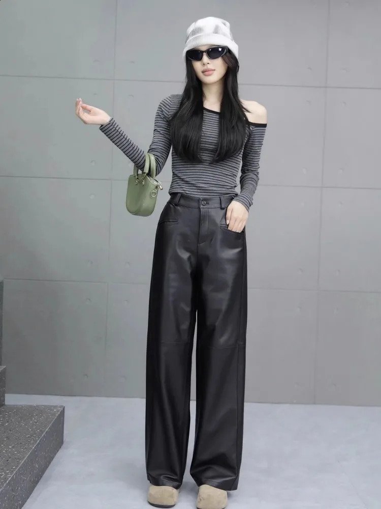 Autumn Black Genuine Leather Women Pants Straightleg Sheepskin Wide Leg Pant Elastic Waist Full Length Casual Trousers 260625 - view 5