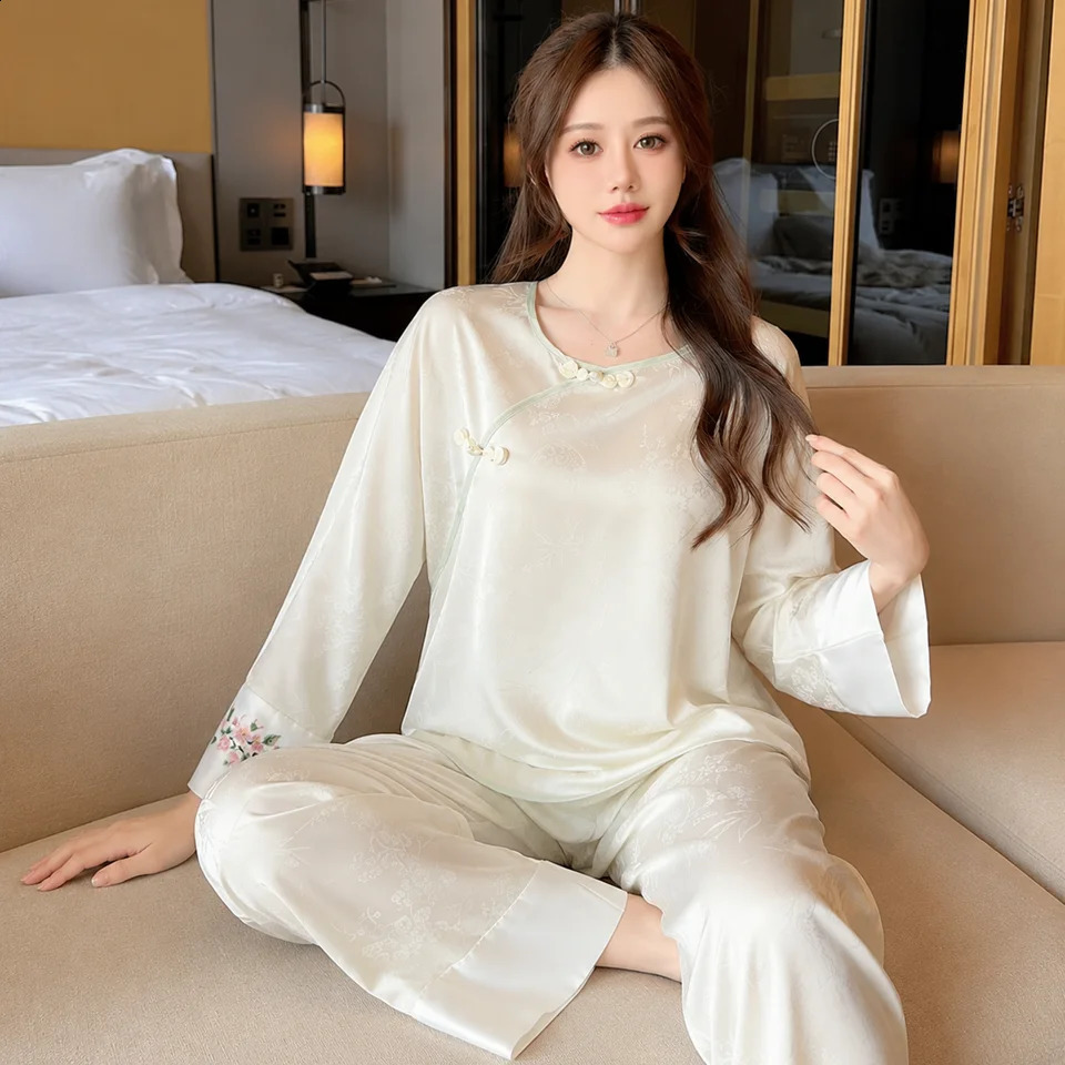 Womens Chinese Style Ice Silk Pajama Set Spring Autumn Satin Loungewear with Builtin Chest Pads Elegant Home Sleepwear 260625 - view 3