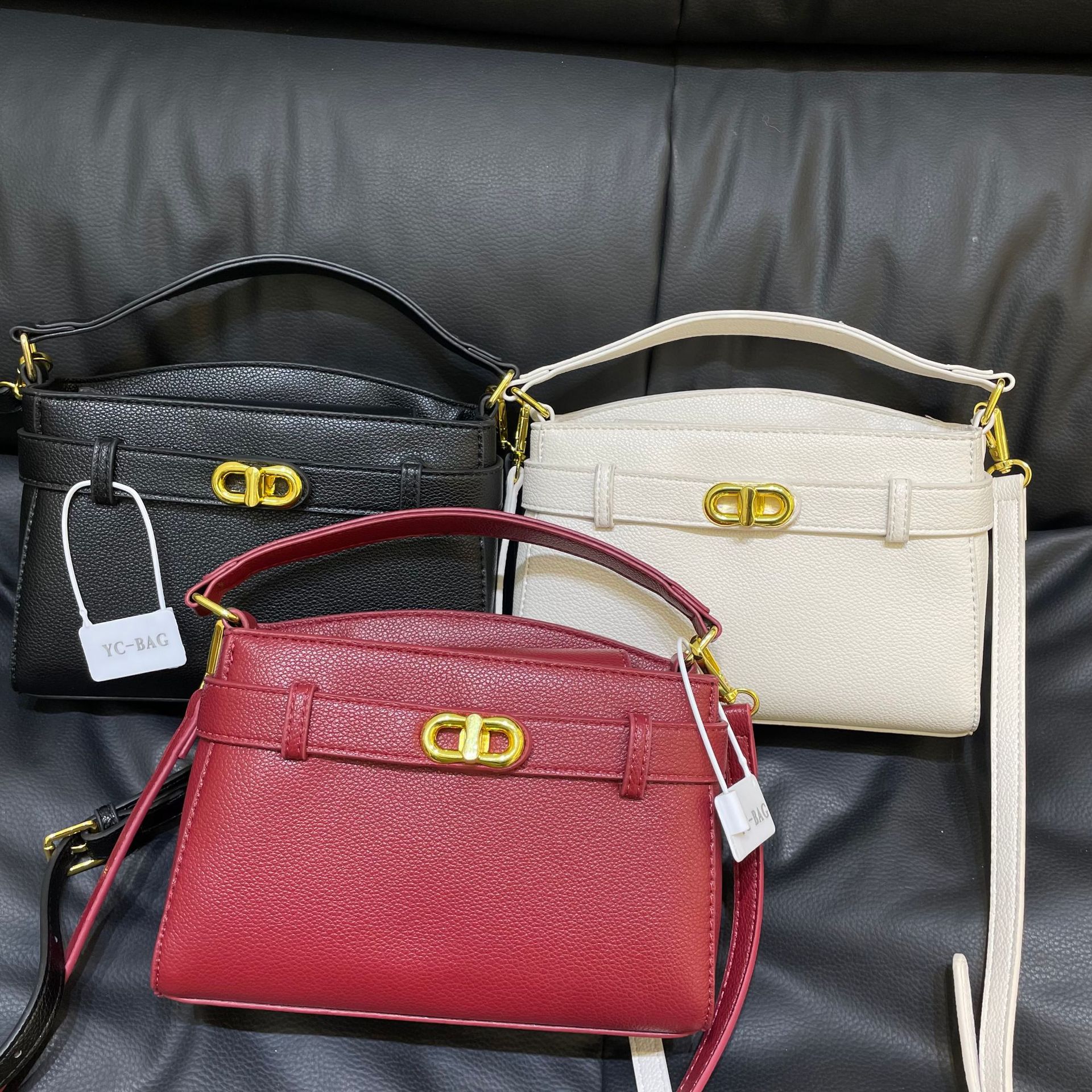Women's 5 Color Litchi Grain Horizontal Flap Handbag, Double D Metal Lock Belt Decor Purse With Adjustable Thin Strap Daily Crossbody Bag