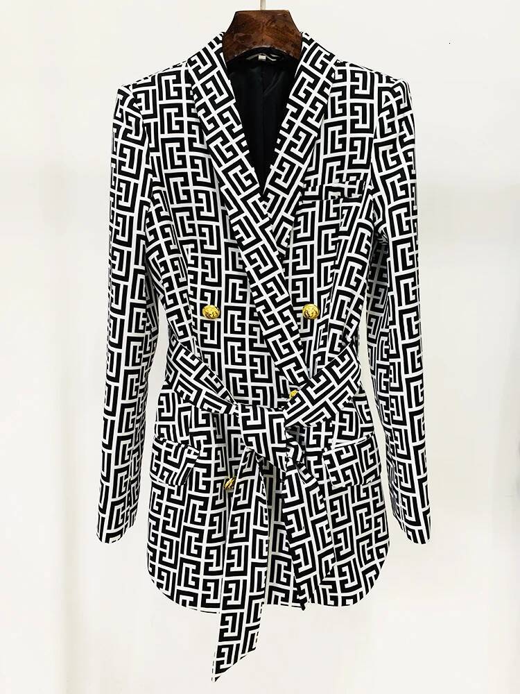 HIGH STREET Newest 2026 Stylish Designer Jacket Women's Double Breasted Monogram Printed Shawl Collar Belted Blazer