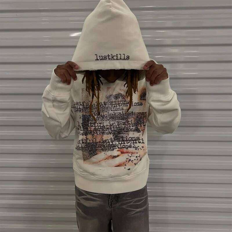 Artistic Design Patterns Printing Casual Loose White Distressed Pullover Hoodie Y2K Fashion Men Women Versatile Trend Streetwear W260626 - view 5