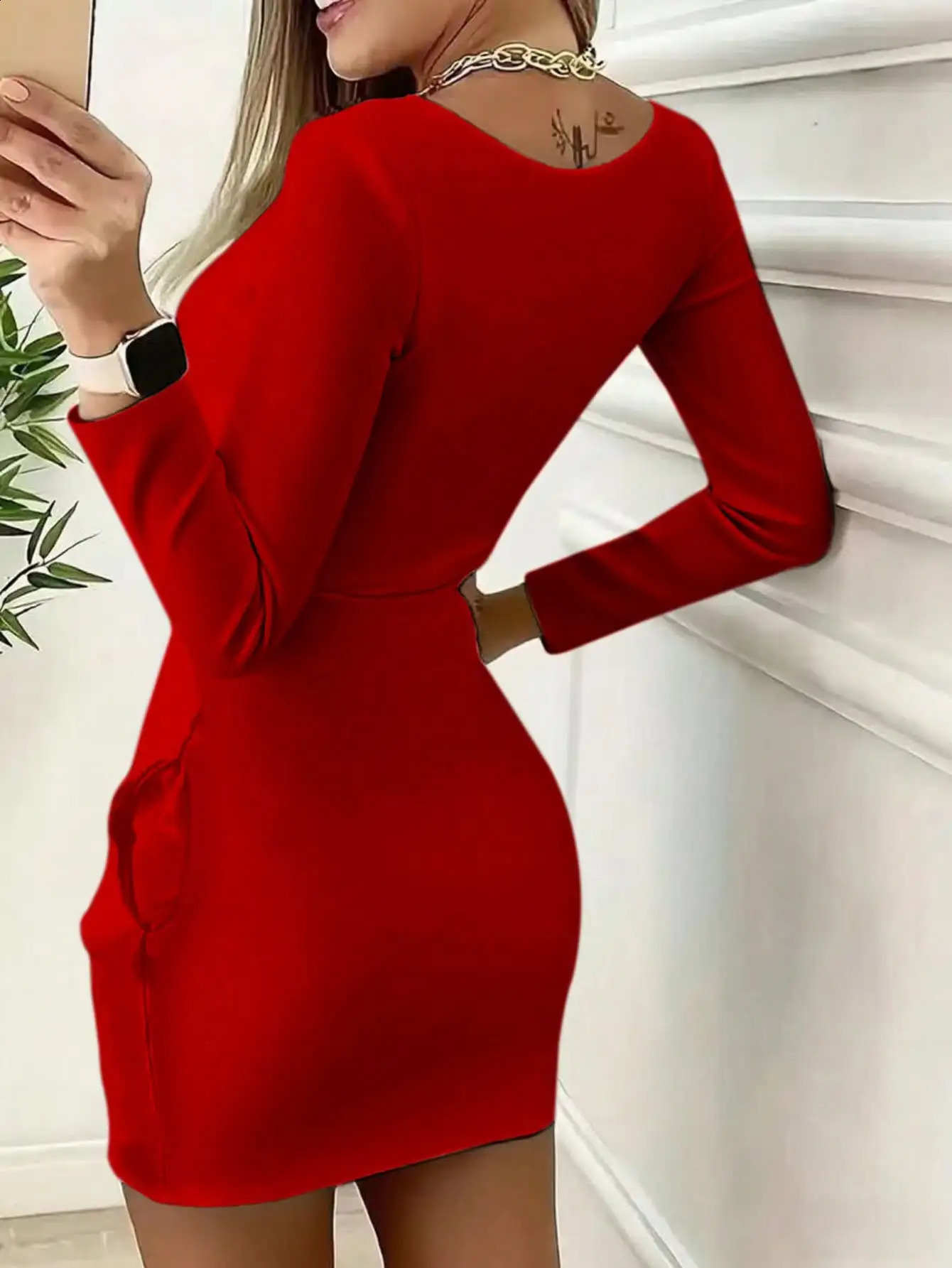 2026 Womens Casual Elegant Solid Color Round Neck Bear Zipper Printed Long Sleeve Dress Short Skirt Suitable for Daily Travel 260625 - view 5