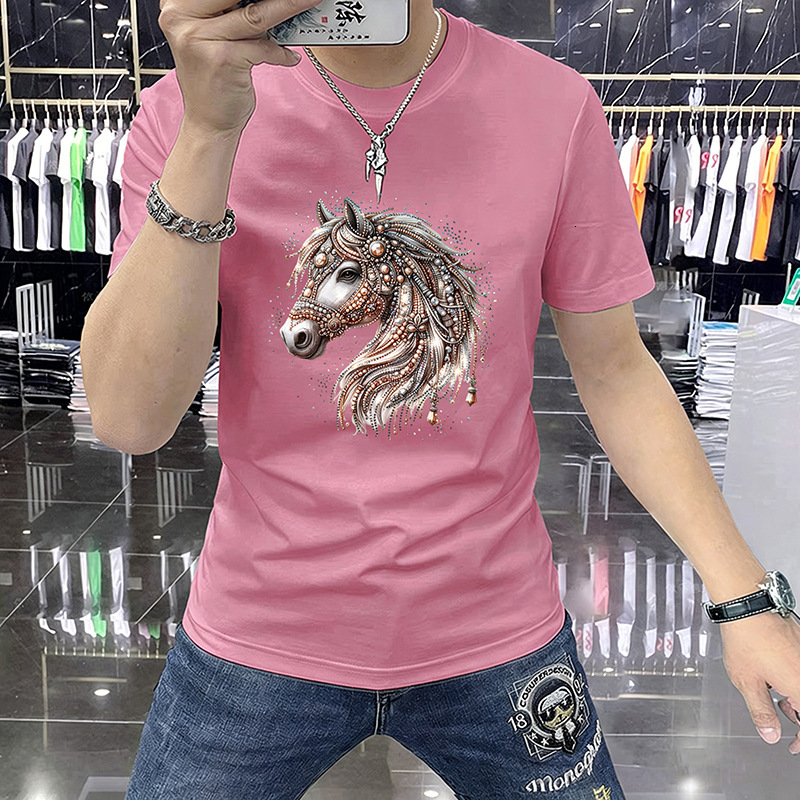 Summer New Fashion With Rhinestone Embellishments, Stylish And Versatile, Skin-Friendly, Breathable, Round Neck, Short Sleeve, Trendy Men's T-Shi